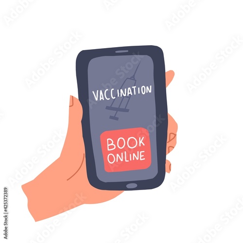 Book online for vaccination, hospital application, vector illustration.