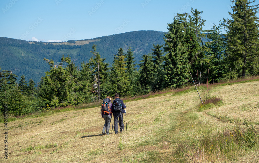 A family walking on a hiking trail in Beskid Żywiecki