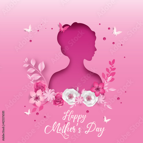 card or banner on happy mothers day in pink with a woman s bust in dark pink and on it flowers on a pink background with butterflies and dots