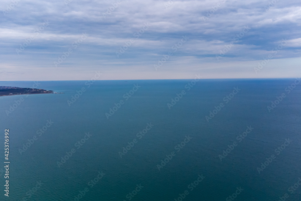 View of the city of Odessa, Luzanovka beach, Black Sea and Kuyalnitsky estuary. Photo from a helicopter.