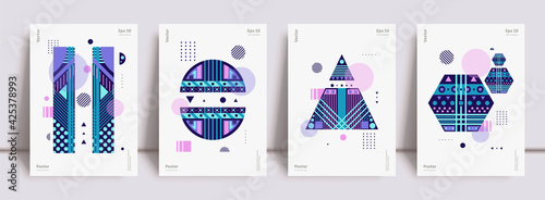 Modern geometric poster set. Red color and dynamic futuristic cover for contemporary certificate and abstract flyer layout. Vector bauhaus geometric artwork with circle and triangle. Vector poster set