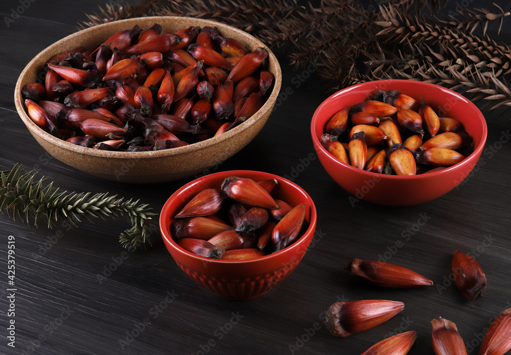 Typical araucaria seeds used as a condiment in Brazilian cuisine in winter. Brazilian pinion nuts in brown and red wooden bowl on gray wooden background Typical araucaria seeds used as a condiment in Brazilian cuisine in winter. Brazilian pinion nuts in brown and red wooden bowl on gray wooden background