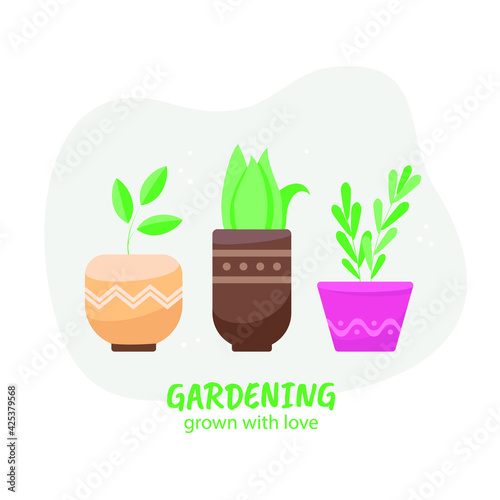 Vector flowers are in a flower pots. Grown with love
