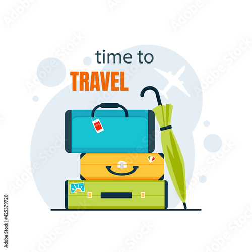 Time to travel poster. Luggage with umbrella