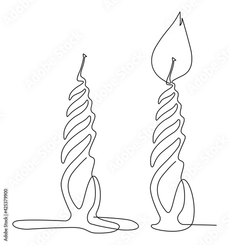 Twisted candle burns. One line drawing. Vector illustration.