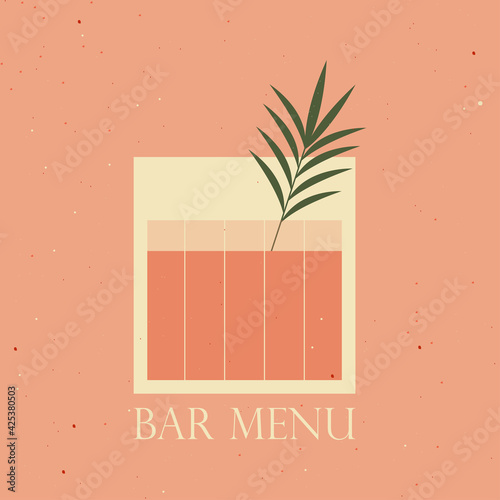 Bar menu logo. Stylish vector illustration with cocktail in old fashioned glass. Cocktail menu on pink background with grain. Alcohol drink with decoration.