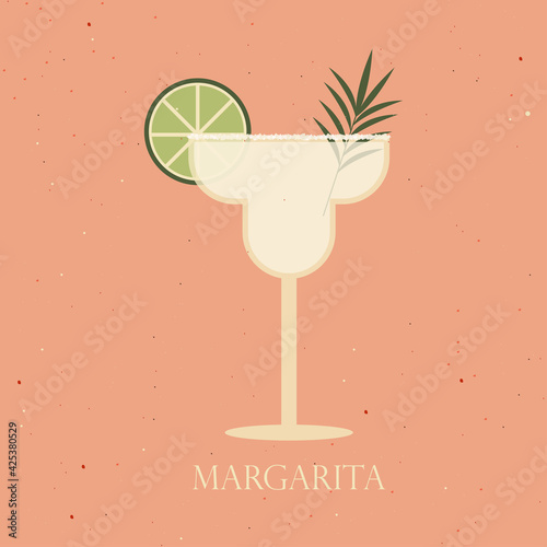 Margarita cocktail on pink background. Vector illustration of alcohol cocktail drink with lime. Classical summer cocktail with sugar decoration and leaf