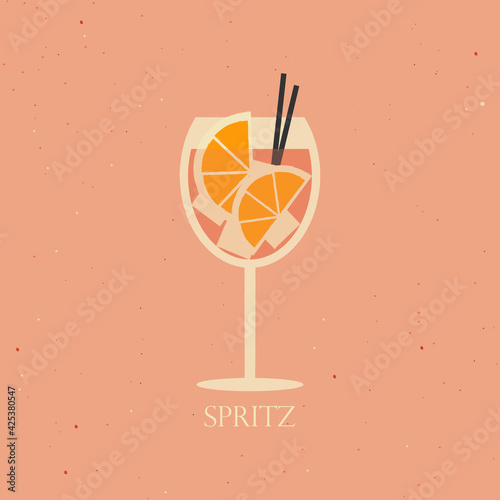 Aperol spritz cocktail on pink background. Vector illustration of alcohol cocktail drink with ice cubes. Summer cocktail aperetif with oranges