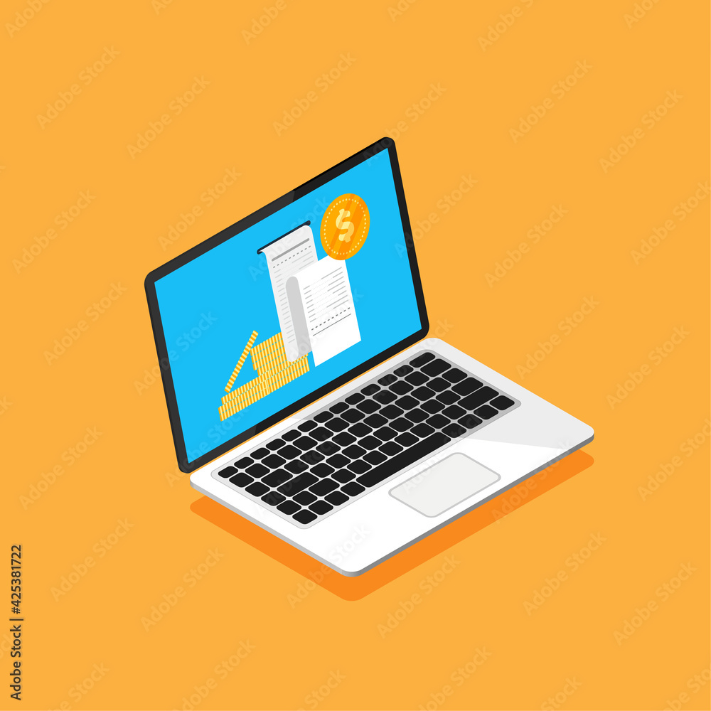 Online banking and payment. Isometric laptop with receipt and coins on a display. Vector illustration isolated on color background. Online banking and payment. Isometric laptop with receipt and coins on a display. Vector illustration isolated on color background.