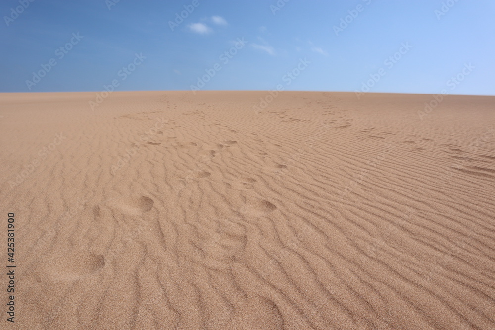 Footsteps on a beige sand dune in Taroa la guajira colombia with a blue sky, walking in the heat in a dry and sunny day in the desert Footsteps on a beige sand dune in Taroa la guajira colombia with a blue sky, walking in the heat in a dry and sunny day in the desert