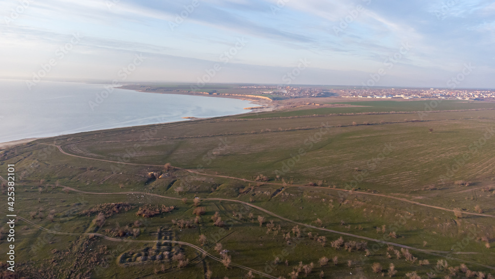 Obraz premium View from the helicopter to Odessa and the Kuyalnitsky estuary.