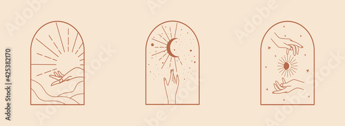 Vector set of linear boho icons and symbols - sun, moon, stars logo design templates - abstract design elements  in modern minimalist style 
