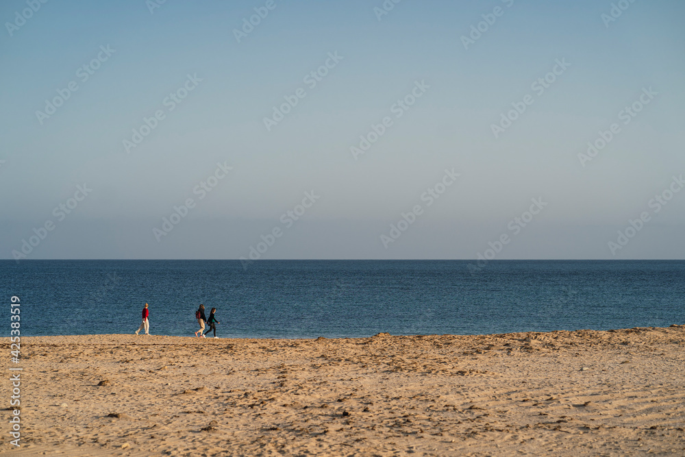 Gente de espaldas caminando por la playa al atardecer con el cielo azul sin nubes