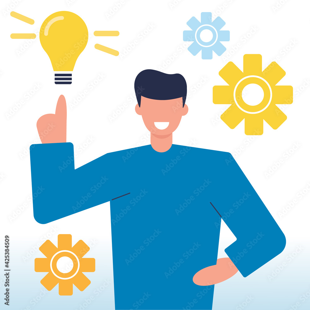 Concept of idea growing. Man isolated on white background. Business ideas, development and growth, brainstorming. Promotion and success. Flat characters. Vector illustratoin. Concept of idea growing. Man isolated on white background. Business ideas, development and growth, brainstorming. Promotion and success. Flat characters. Vector illustratoin.