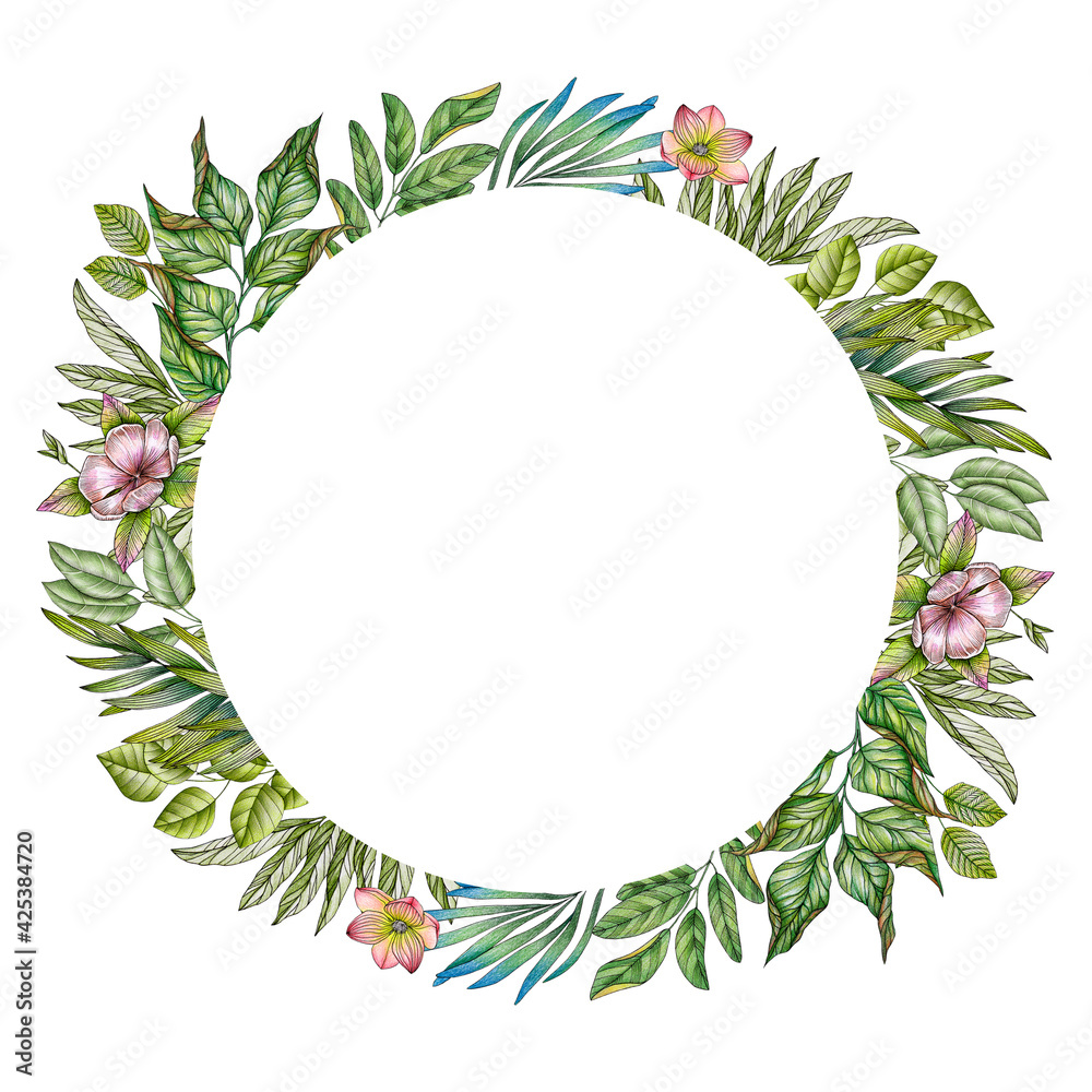 Floral spring wreath drawn with colored pencils on a white background for invitations and cards