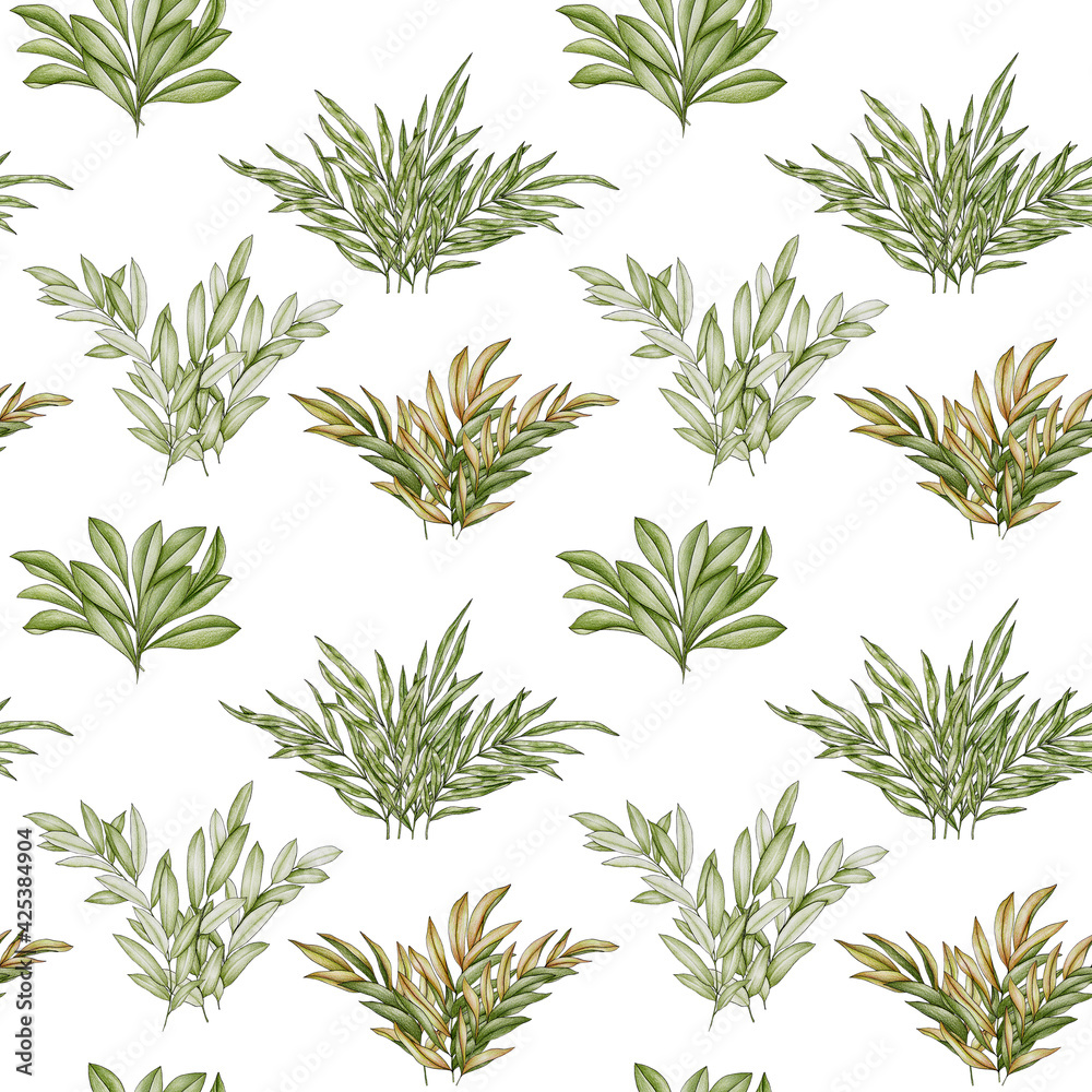 Hand drawn seamless pattern with bouquets of leaves