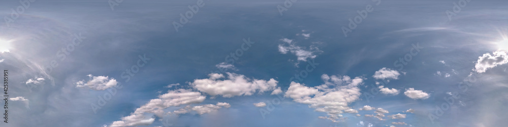 blue sky with beautiful cumulus clouds. Seamless hdri panorama 360 degrees angle view with zenith for use in 3d graphics or game development as sky dome or edit drone shot