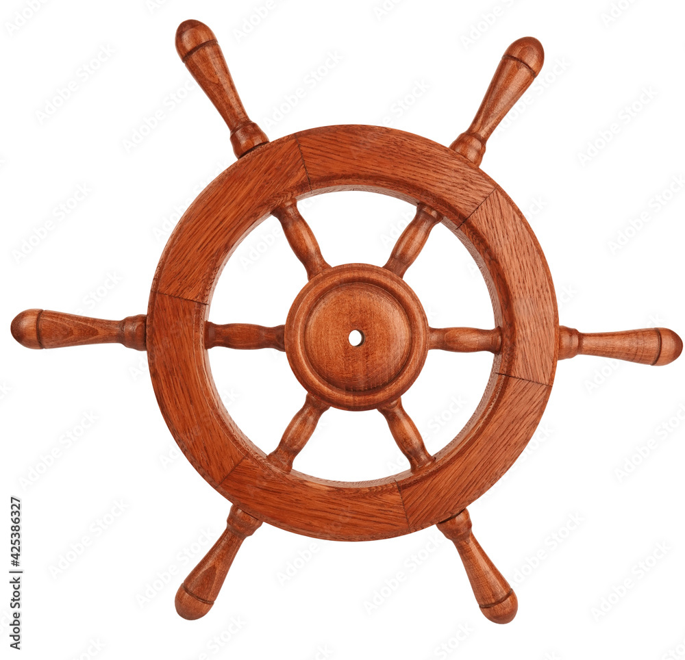 Ship’s wheel device for vessel control wooden vintage isolate don white background