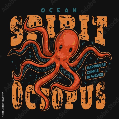 Nautical and marine labels with octopus isolated illustration. Emblem for t-shirts.