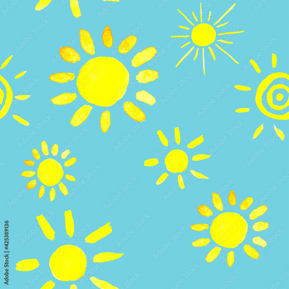 Seamless pattern with sun on blue background . Watercolor illustration. Seamless pattern with sun on blue background . Watercolor illustration.