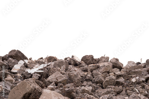 Concrete fragments of a destroyed building isolated on a white background