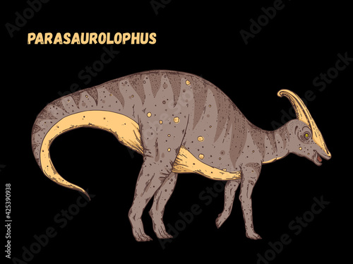 Parasaurolophus dinosaur hand drawn. Vector illustration. Herbivorous dinosaur. Cartoon illustration