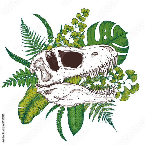 Tyrannosaurus rex and palm leaves hand drawn illustration. Tattoo vintage print. Hand drawn floral print. Tattoo design. Jungle print. Tropical illustration.