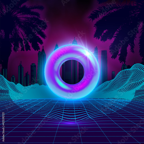 Retro palms with wireframe landscape on sunset light. Futuristic city vector illustration.