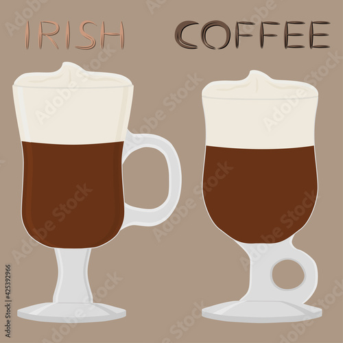 Illustration on theme for cream cocktail Irish coffee in glass cup with foam