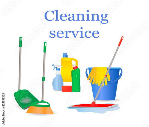 A set of tools for cleaning the house. Brush, scoop, mop, bucket, gloves, spray, bottles of cleaning agents. Can be used as a banner for a cleaning company. Vector illustration with cartoon style.