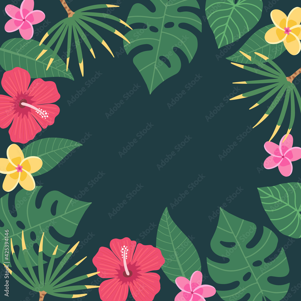 Design frame for your text with flat tropical exotic leaves and flowers on white background. Hawaiian style. Perfect template for invitation, poster, banner etc. Vector illustration Design frame for your text with flat tropical exotic leaves and flowers on white background. Hawaiian style. Perfect template for invitation, poster, banner etc. Vector illustration