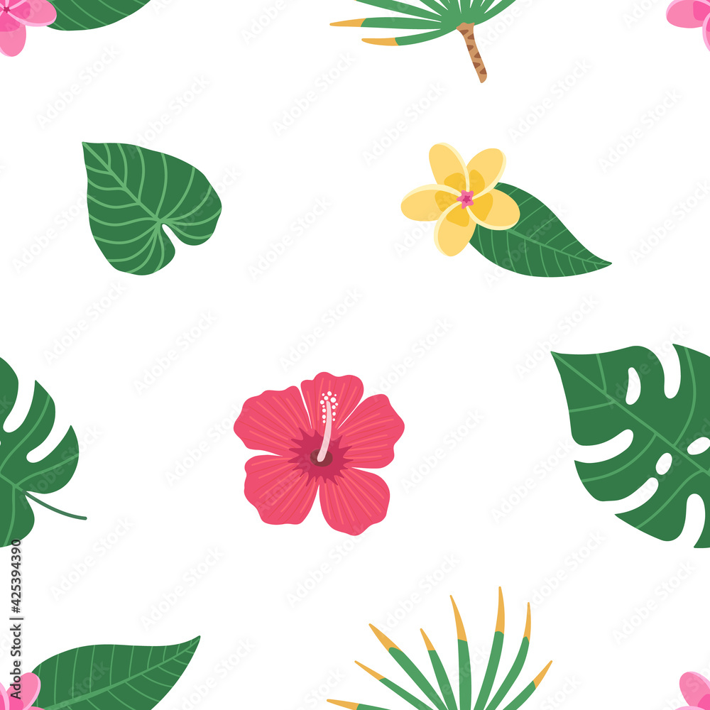 Exotic seamless colorful pattern with tropical jungle leaves and flowers of plumeria and hibiscus. Tropic background. Floral modern pattern for textile, manufacturing etc. Vector illustration