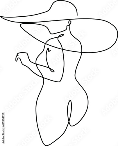 Beautiful body positive, female with a big hat drawn in the style one line. aesthetic female line art, Elegant line for print, logo, posters, postcards. aesthetic female line art beautiful, vector
