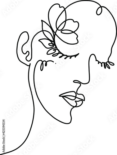 Female face drawn in one line style with flowers and eyelashes. Elegant continuous line drawing for print, logo, tattoos, posters, postcards. aesthetic female line art Beautiful faces of women Vector