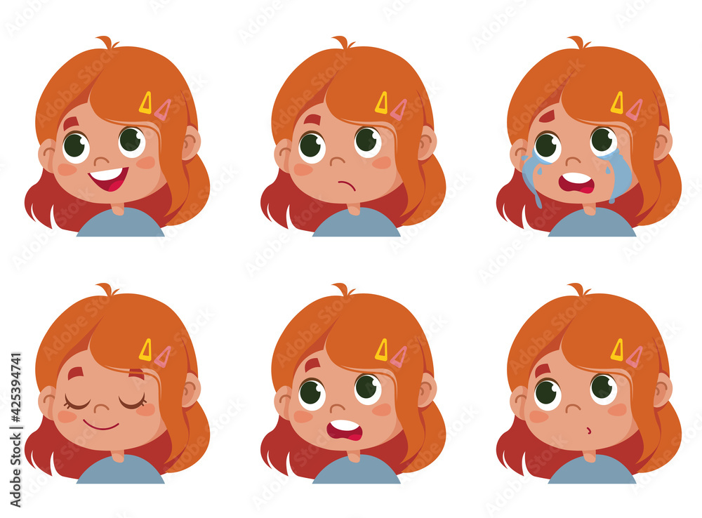 Vector character funny. Illustration of cute faces of redhead schoolboy girl showing different emotions. Avatar isolated on white Vector character funny. Illustration of cute faces of redhead schoolboy girl showing different emotions. Avatar isolated on white