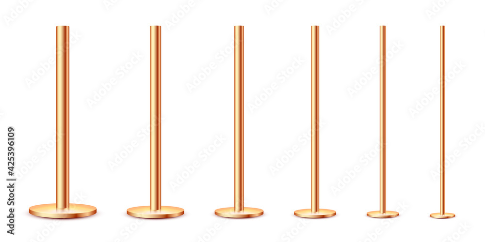 Realistic metal poles collection isolated on white background. Glossy bronze pipes of various diameters. Billboard or advertising banner mount, holder. Vector illustration. Realistic metal poles collection isolated on white background. Glossy bronze pipes of various diameters. Billboard or advertising banner mount, holder. Vector illustration.