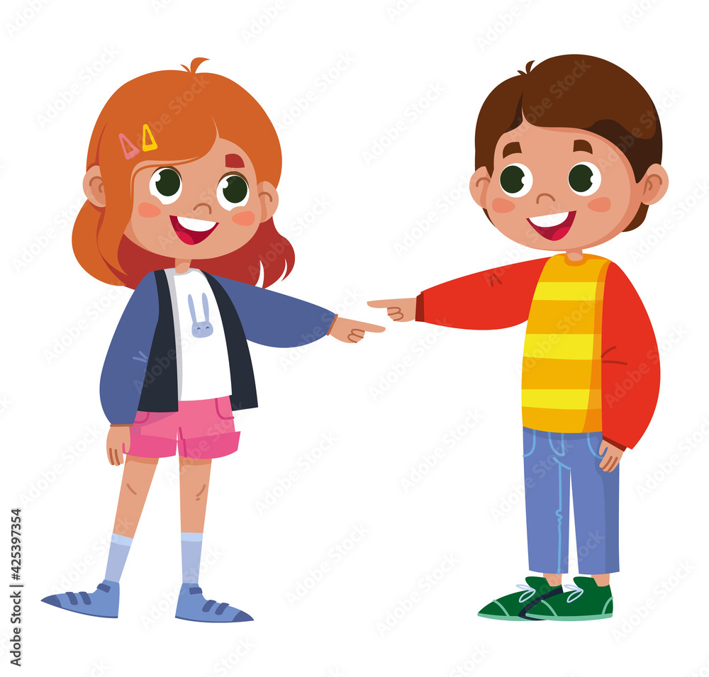 Friends joke and laugh together. Happy boy and girl enjoy funny friendly jokes together, point fingers at each other, fun, deep heartfelt laughter with positive humor. Vector cartoon illustration