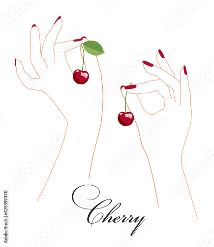 female hands with cherry on the white background