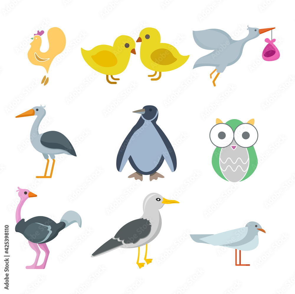 Obraz premium bird icon set with penguin, owl, ostrich, stork, cock pigeons vector flat icon
