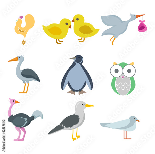 bird icon set with penguin  owl  ostrich  stork  cock pigeons vector flat icon