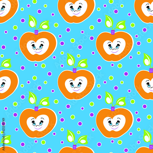 blue Seamless pattern with funny apples. vector. background