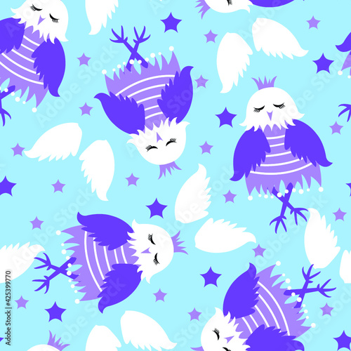 night seamless pattern with white owls and stars. vector