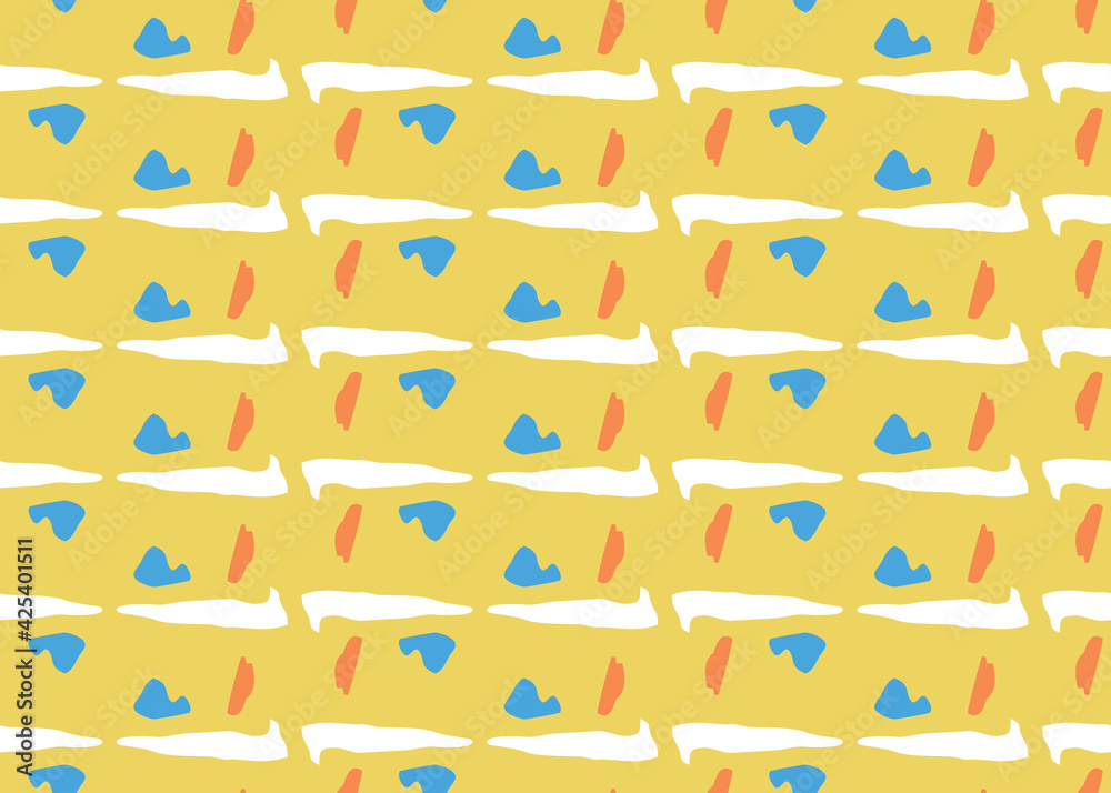 Vector texture background, seamless pattern. Hand drawn, yellow, blue, orange, white colors.