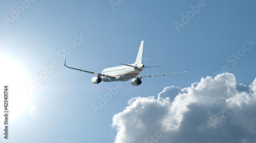 Zoom photo of passenger plane flying above deep blue cloudy sky