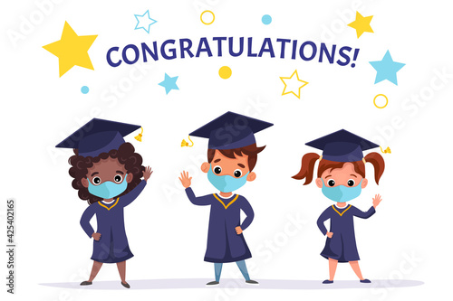Happy graduated children wearing medical masks, academic gown and cap. Multicultural kids celebrating Kindergarten graduation together. Flat cartoon vector illustration.