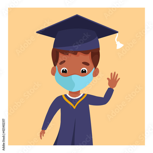 Graduate indian boy in medical mask, academic cap and mantle celebrating graduation online from home due to coronavirus isolation lockdown. Vector illustration in cartoon style