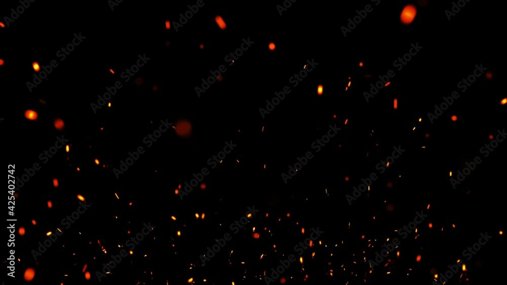 Fire sparks floating loop overlay Slow Motion. Sparks flying up isolated on black
