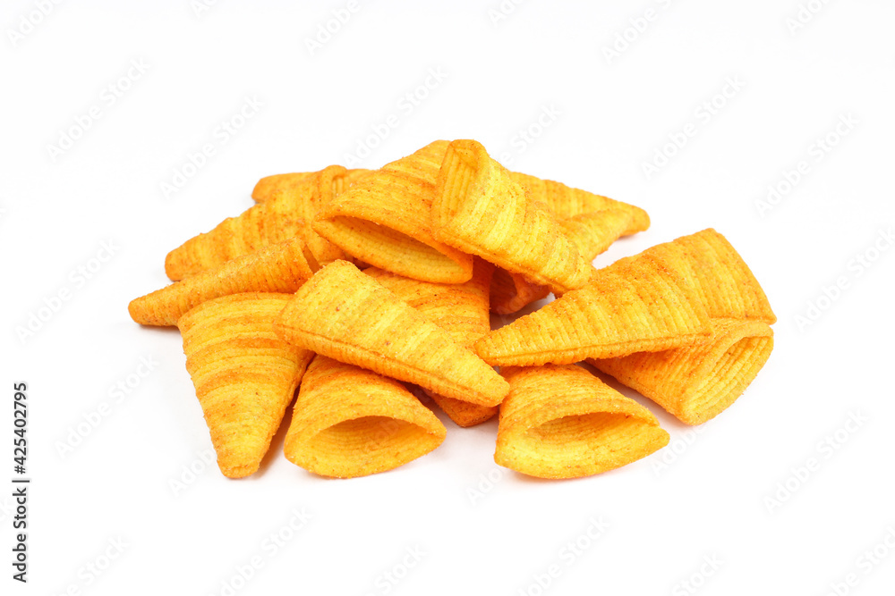 Portion of cone shaped snack isolated on white background. Tornado shaped crackers Portion of cone shaped snack isolated on white background. Tornado shaped crackers