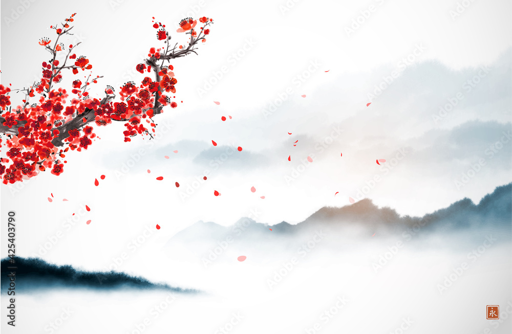 Oriental cherry blossoming branch, petals on the wind and distant blue mountains. Traditional oriental ink painting sumi-e, u-sin, go-hua. Translation of hieroglyph - eternity