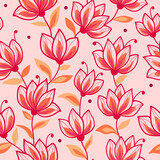 Fantasy red flowers with yellow and orange leaves on a pink background. Seamless floral doodle pattern. Suitable for textile, packaging, wallpaper.
